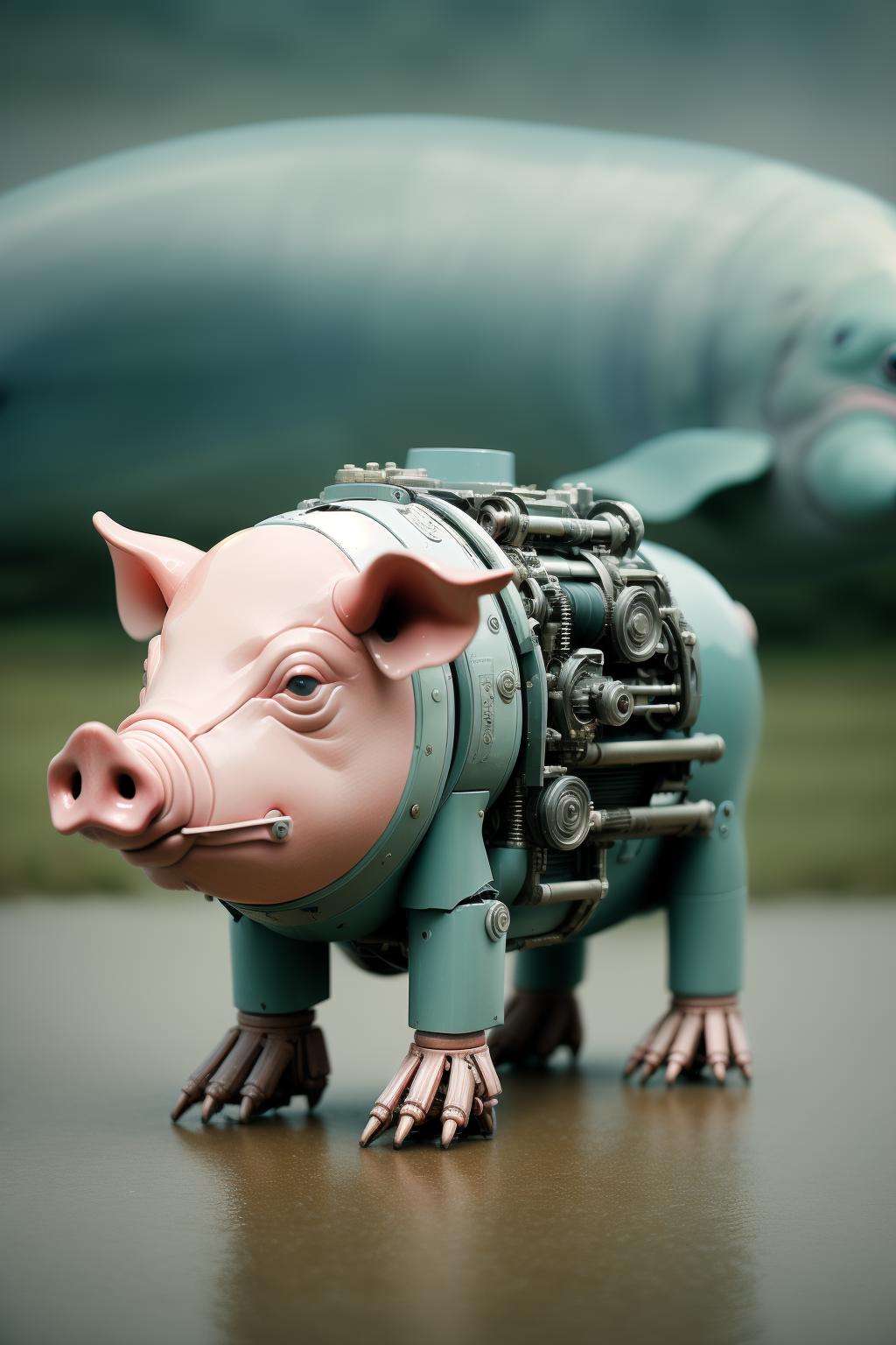 mechanical pig, art by James Paick, photograph, Human 2000'S [Hedgehog|Television], background is [Mountain|Carport], [space|pond], Stormy weather, soft focus, Dark, Goblincore, film grain, Kodak portra 800, Zoom lens, <lora:Mechanicalpig:0.6>