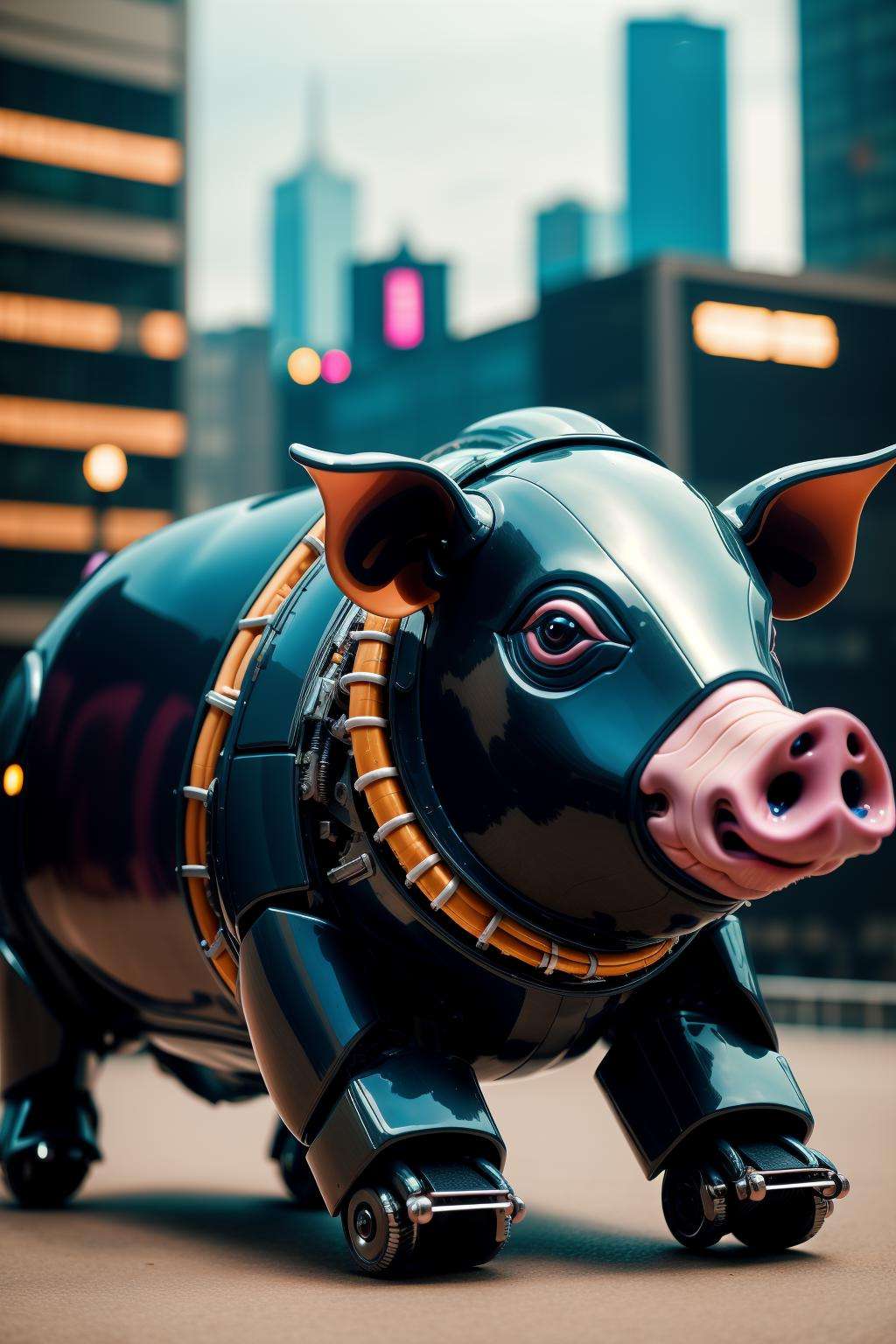 sleek black stealth mechanical pig,cyberpunk city in background,<lora:Mechanicalpig:0.6>