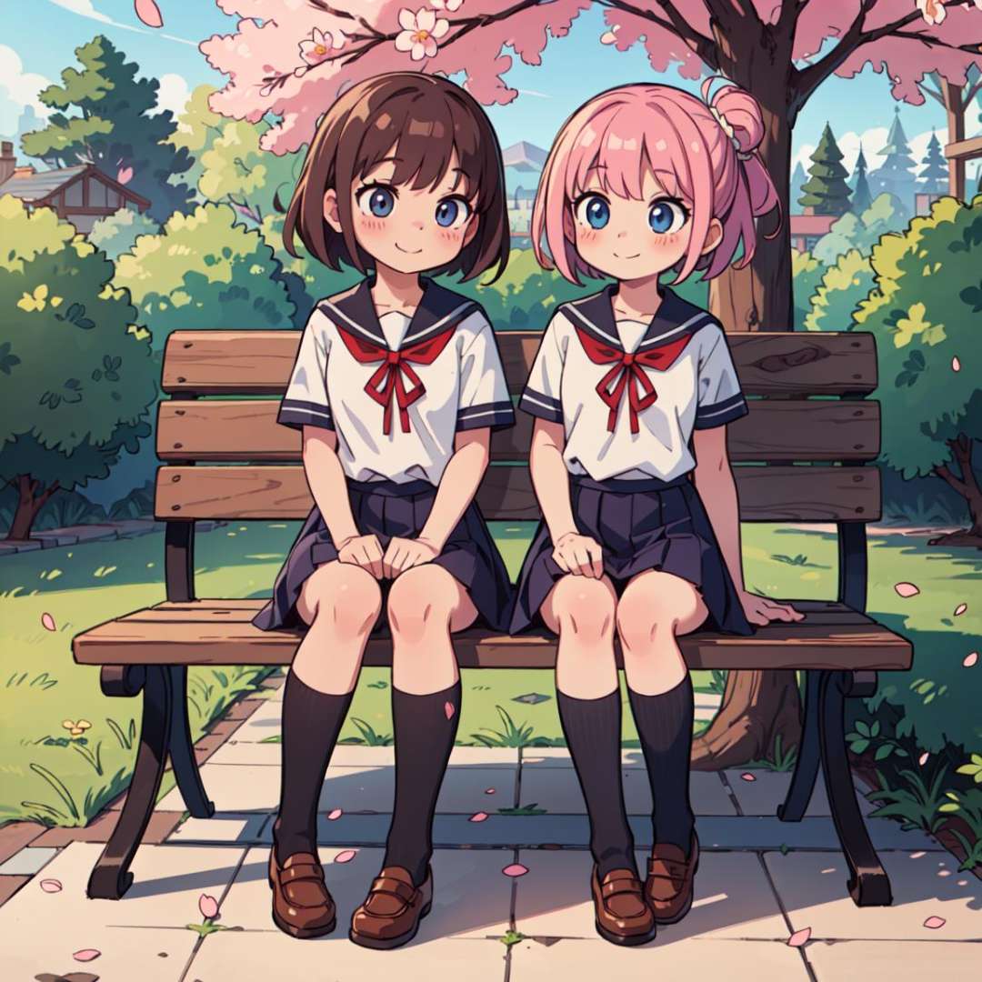 ((masterpiece))), (((best quality))), official art, extremely detailed CG unity 8k,(beautiful detailed eyes), 1gilr,Cherry blossom trees, pink petals, serene park, soft sunlight, fluttering petals, stone pathway, wooden bench,Cute anime girl, big sparkling eyes, short wavy hair, blush, school uniform, knee-high socks, ribbon, holding a sakura branch, gentle smile,Masterful, detailed shading, intricate linework, refined composition, delicate color palette, rich contrast, elegant brushstrokes, depth, texture