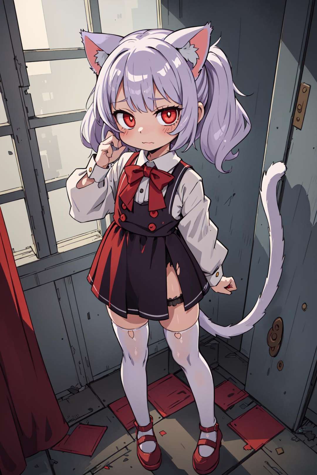 ((masterpiece)), (((best quality))), ((ultra-detailed)), ((illustration)), ((disheveled hair)),{1girl},(loli),petite,(infant:1.2),white hair,red eyes,(cat ears),(one cat tail),{tail insertion},floating hair,dynamic angle,{{full body:2}},  lolita,silver hair, purple hair tips,Left eye red Right eye white,In abandoned buildings,A morbid expression, torn clothes ,  torn legwear,Bloodstaining,thighhighs, heart-shaped pupils，Gothic Laurie Skirt,naughty face，looking at viewer,,