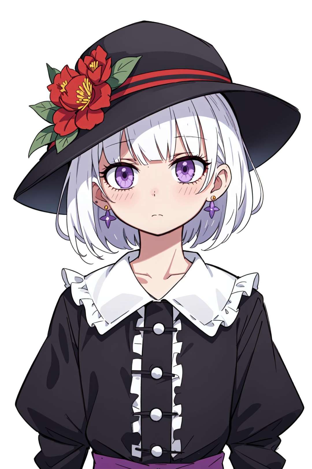 quality_best,style_onineko,(Distinct pupils)(Clear eyes),wizard hat,1girl,solo,c,earrings,looking at viewer,flower,short hair,bangs,closed mouth,simple background,black headwear,white background,red flower,upper body,white hair,hair intakes,frills,purple eyes,hair ornament,expressionless,hat flower,eyelashes,best quality