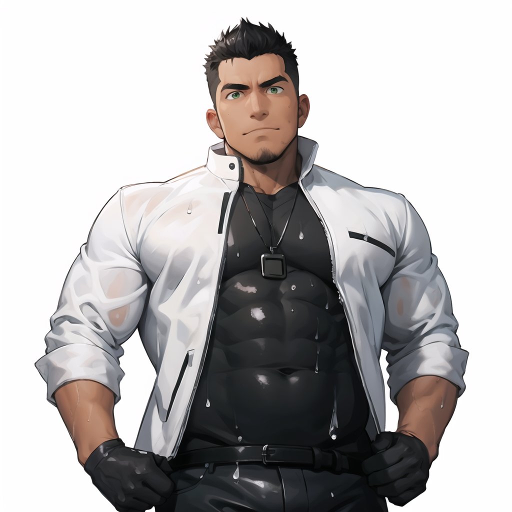 ((masterpiece)),((best quality)),8k,high detailed,ultra-detailed,anime,CG,{{Masterpiece, Best Quality, Extremely Detailed CG, Unity 8k Wallpaper }},1boy, dark skin, white hair, short hair, facial hair,stubble, chest muscles, abs, abdomen, father, white jacket, green eyes, wet body, snake bone necklace, black gloves,,muscular, Breast nails,white background, upper body, plump,  <lora:zifu:0.3> <lora:togame:0.7>