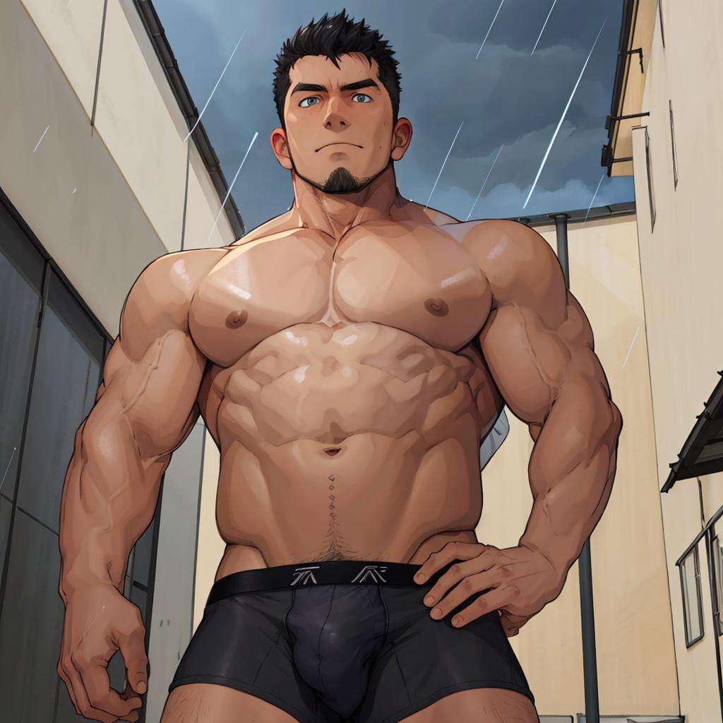 ((masterpiece)),((best quality)),8k,high detailed,ultra-detailed,anime,CG,1boy,muscular,mature male,short hair,black hair, bara, feet out of frame, stubble, boxer briefs,topless,outdoors, blue eyes,rain,<lora:togame-000004:1>