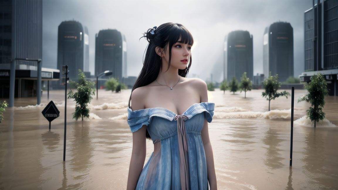 best quality,masterpiece,(masterpiece),((highres)),((high saturation)),(bunches:1.5),(Very long hair:1.2),(oil Highlight :1.2),(in the background is the grand sci-fi city washed away by the flood:1.5),dslr,(the girl was wearing a torn, bare-shouldered dress:1.3),straight and round breasts,(1girl),solo,hair ornament,necklace,collarbone,jewelry,Beautiful face,tyndall effect,photorealistic,dark studio,rim lighting,two tone lighting,(high detailed skin:1.2),8k uhd,soft lighting,high quality,volumetric lighting,candid,Photograph,high resolution,4k,8k,blush,(two side up:1.1),hanfu,Enter the picture above the thigh,clear and bright light,(blunt bangs:1.1),(hair over shoulder:1.2),a magnificent sci-fi background,