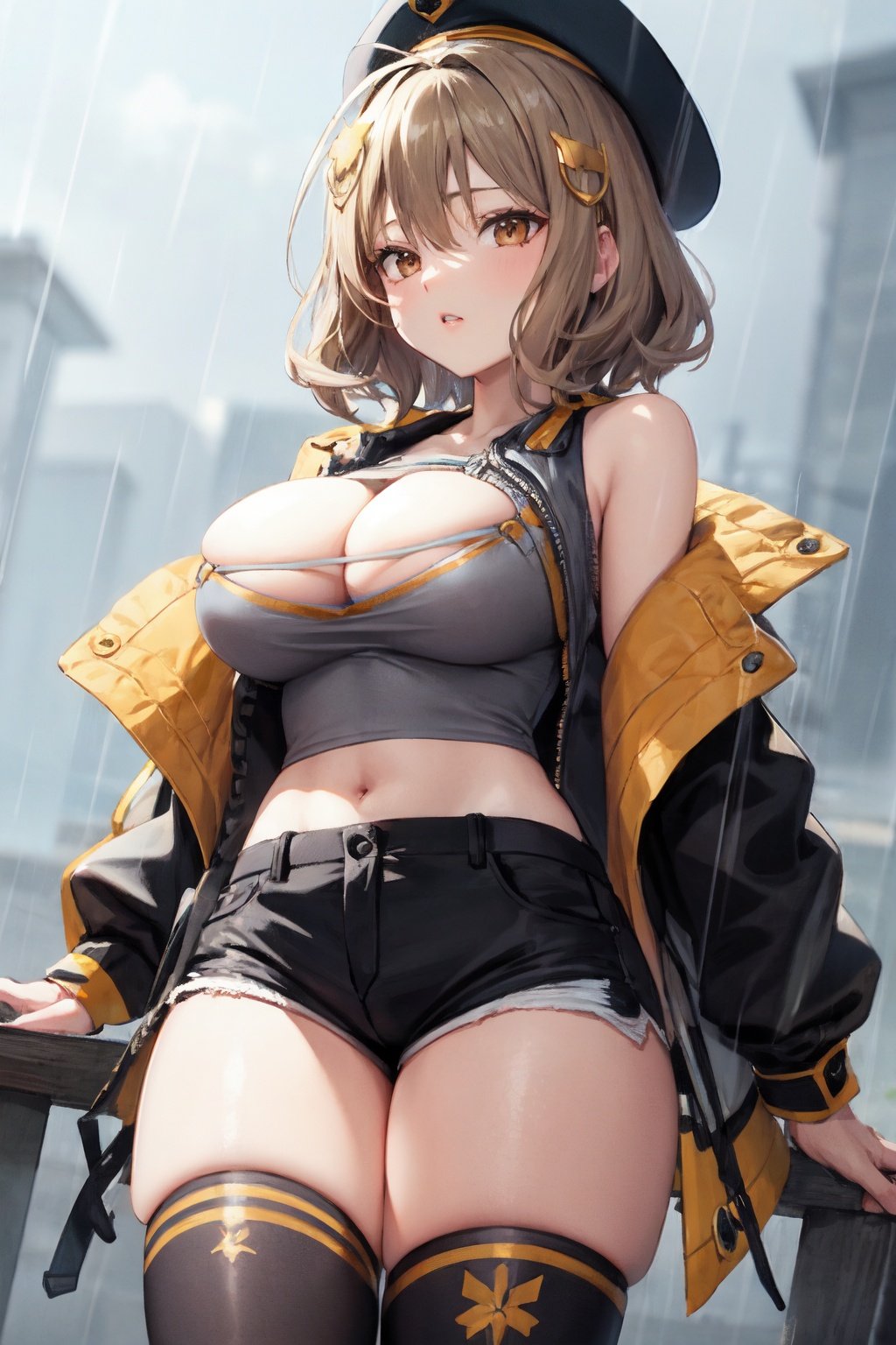 anis nikke, parted lips, black headwear, shorts, midriff, beret, thighs, crop top, gloves, black shorts, grey shirt, solo, hair ornament, hat, black thighhighs, 1girl, short shorts, jacket, fingerless gloves, cleavage, medium hair, rain, brown eyes, large breasts, black jacket, brown hair, thighhighs<lora:anis_nikke:1>