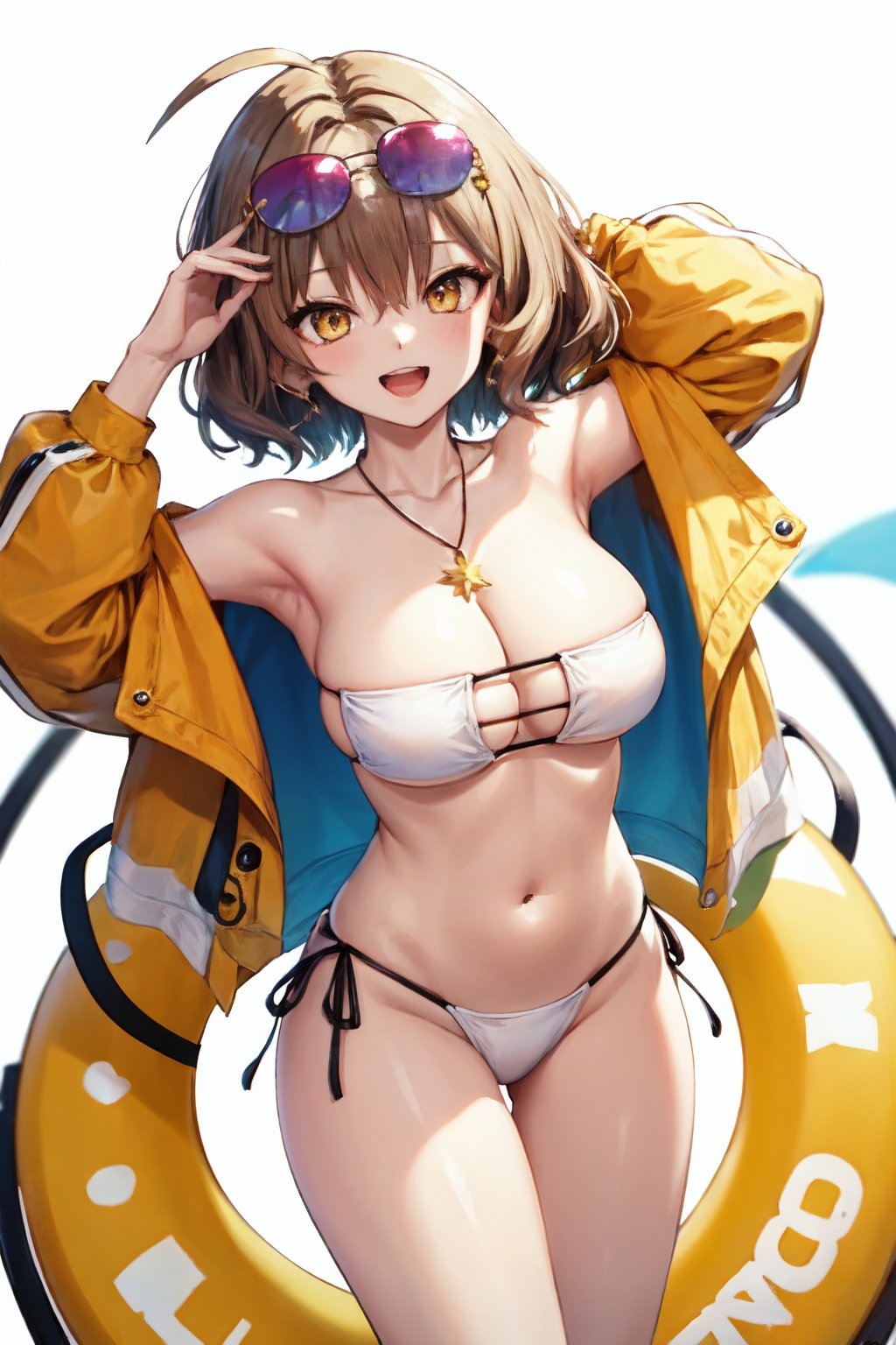 anis nikke, bikini, v, arm up, thighs, smile, yellow eyes, solo, simple background, navel, :d, teeth, 1girl, sunglasses, short hair, white background, ahoge, armpits, side-tie bikini bottom, swimsuit, necklace, innertube, cleavage, looking at viewer, strapless, white bikini, open mouth, eyewear on head, large breasts, jewelry, brown hair,eyepatch bikini, <lora:anis_nikke:1>