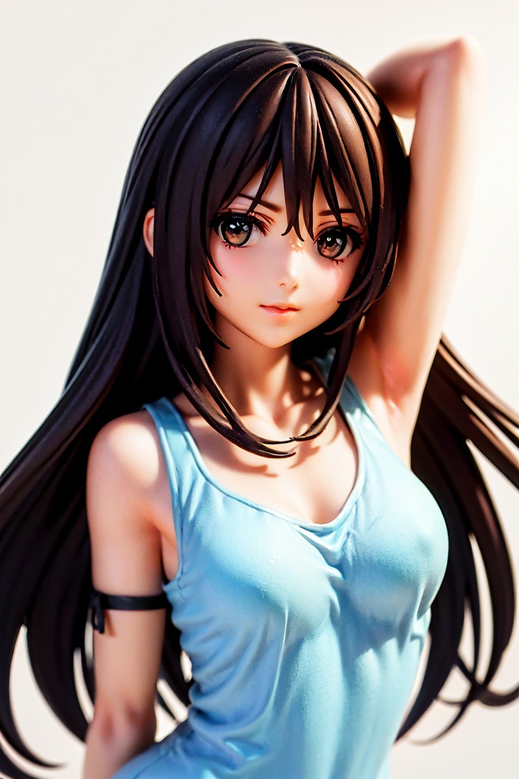 woman, rinoa, long hair, brown hair, brown eyes, blue sleeveless dress, black tank top, (arm ribbon), collarbone, looking at viewer, medium shot, white background, <lora:EMS-17361-EMS:0.8>