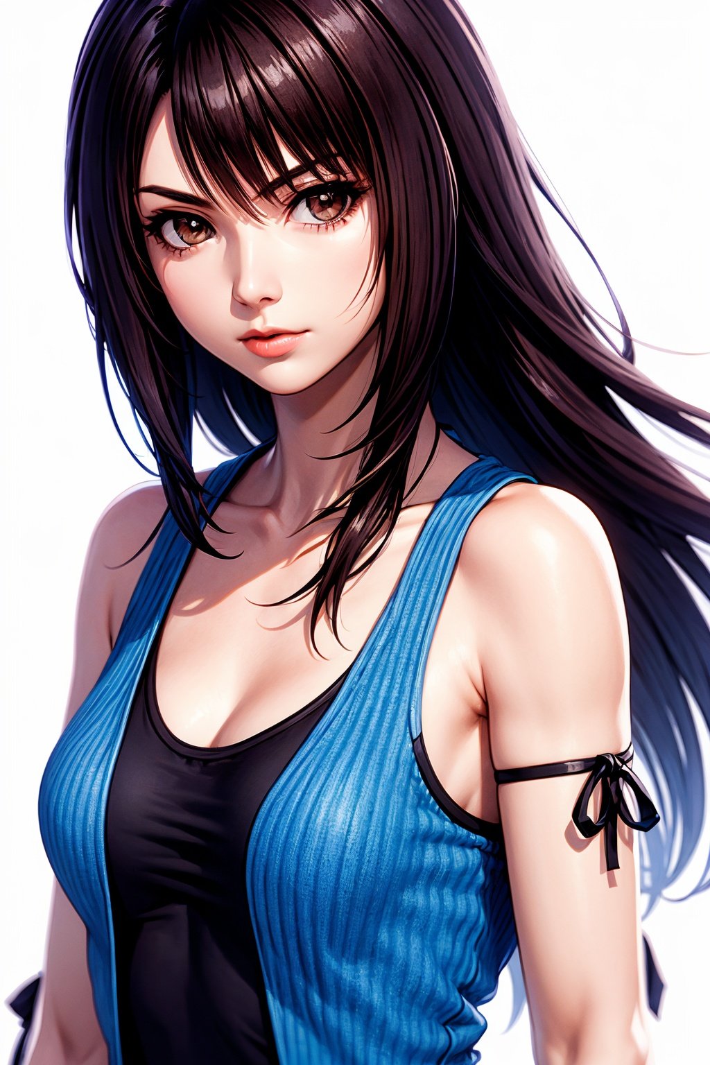 woman, rinoa, long hair, brown hair, brown eyes, blue sleeveless dress, black tank top, (arm ribbon), collarbone, looking at viewer, medium shot, white background, <lora:EMS-17361-EMS:0.8>