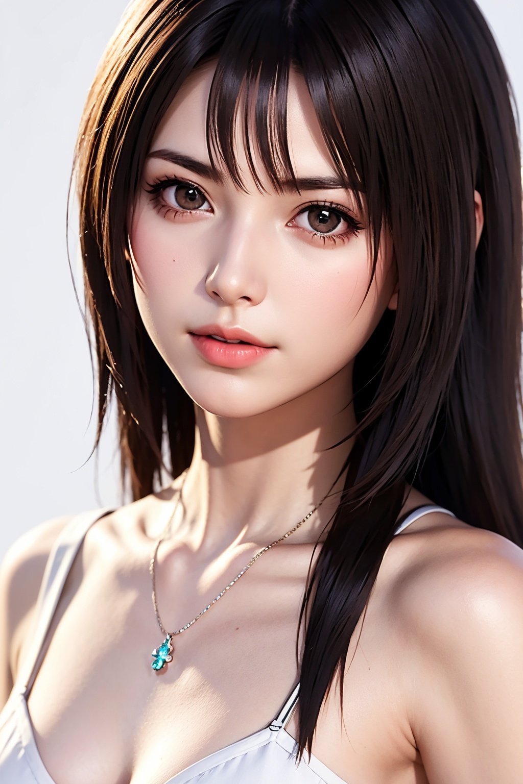 woman, rinoa, long hair, brown hair, brown eyes, white dress, collarbone, looking at viewer, medium shot, white background, <lora:EMS-17361-EMS:0.8>