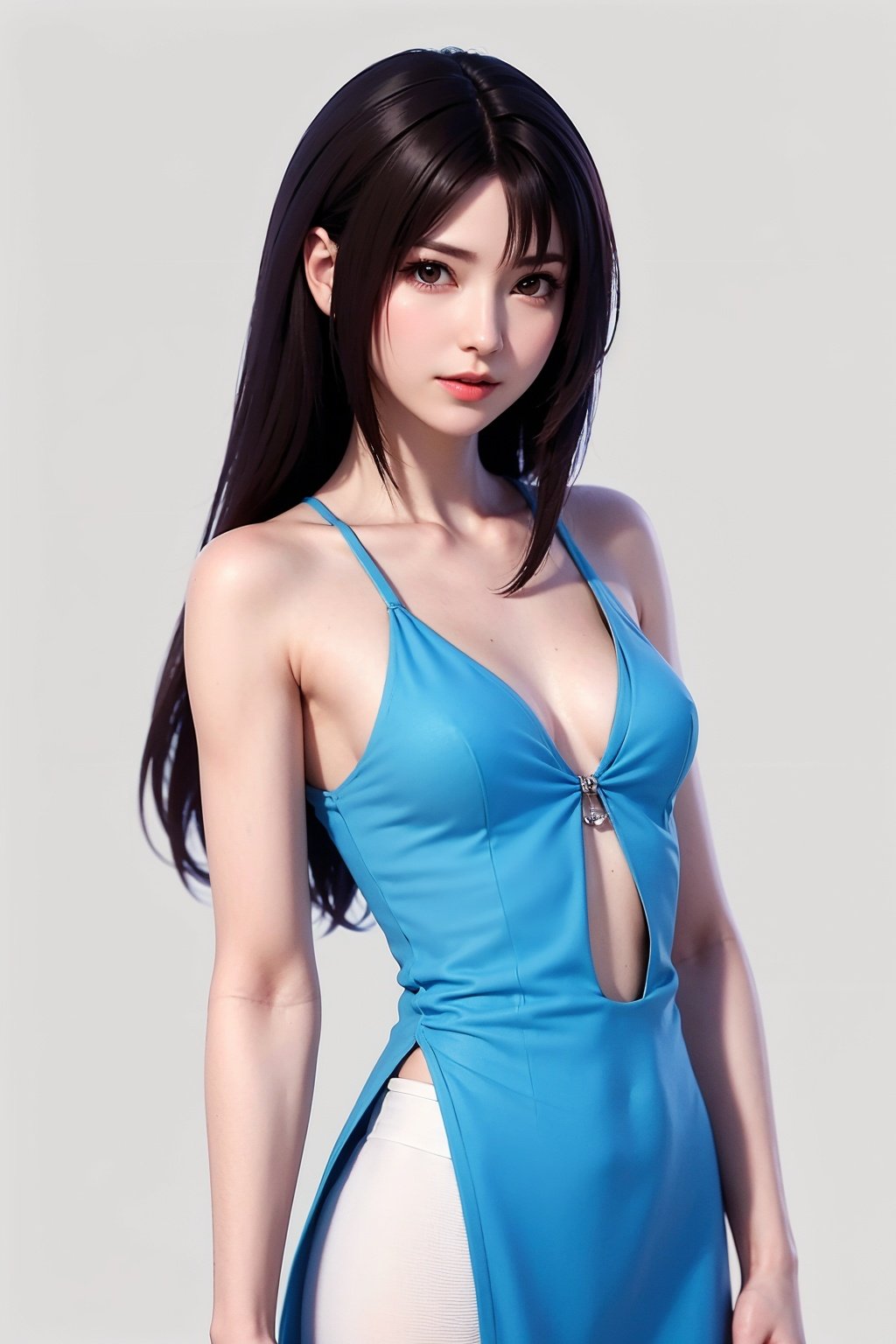 woman, rinoa, long hair, brown hair, brown eyes, frilled dress, collarbone, looking at viewer, medium shot, white background, <lora:EMS-17361-EMS:0.8>