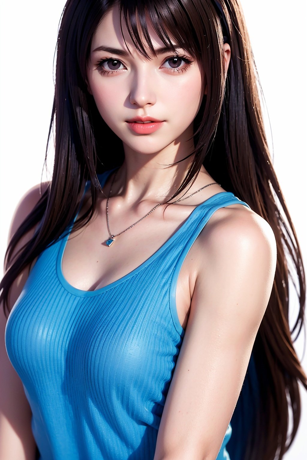 woman, rinoa, long hair, brown hair, brown eyes, blue sleeveless dress, black tank top, (arm ribbon), collarbone, looking at viewer, medium shot, white background