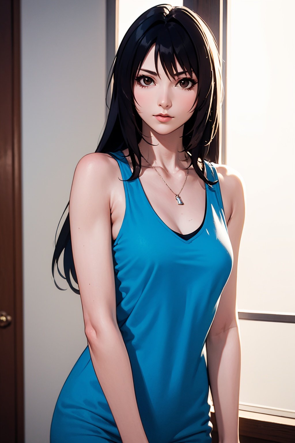 woman, rinoa, long hair, brown hair, blue sleeveless dress, black tank top, looking at viewer, medium shot, <lora:EMS-17361-EMS:0.8>