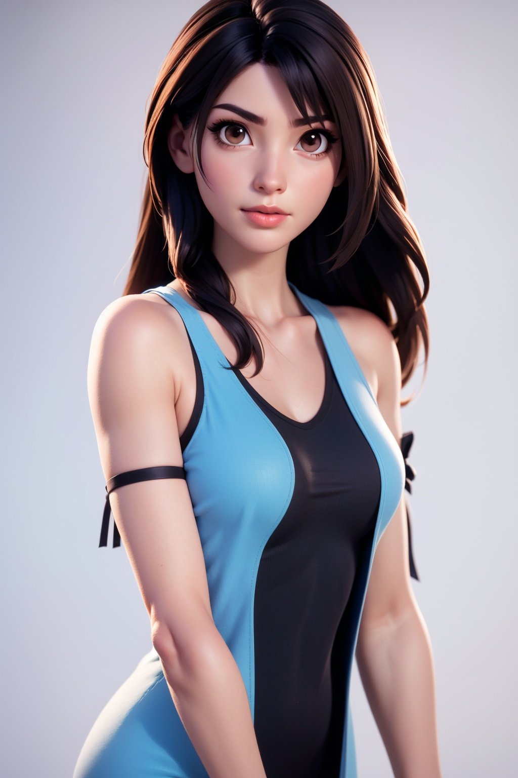 woman, rinoa, long hair, brown hair, brown eyes, blue sleeveless dress, black tank top, (arm ribbon), collarbone, looking at viewer, medium shot, white background, realistic, <lora:EMS-17361-EMS:0.8>