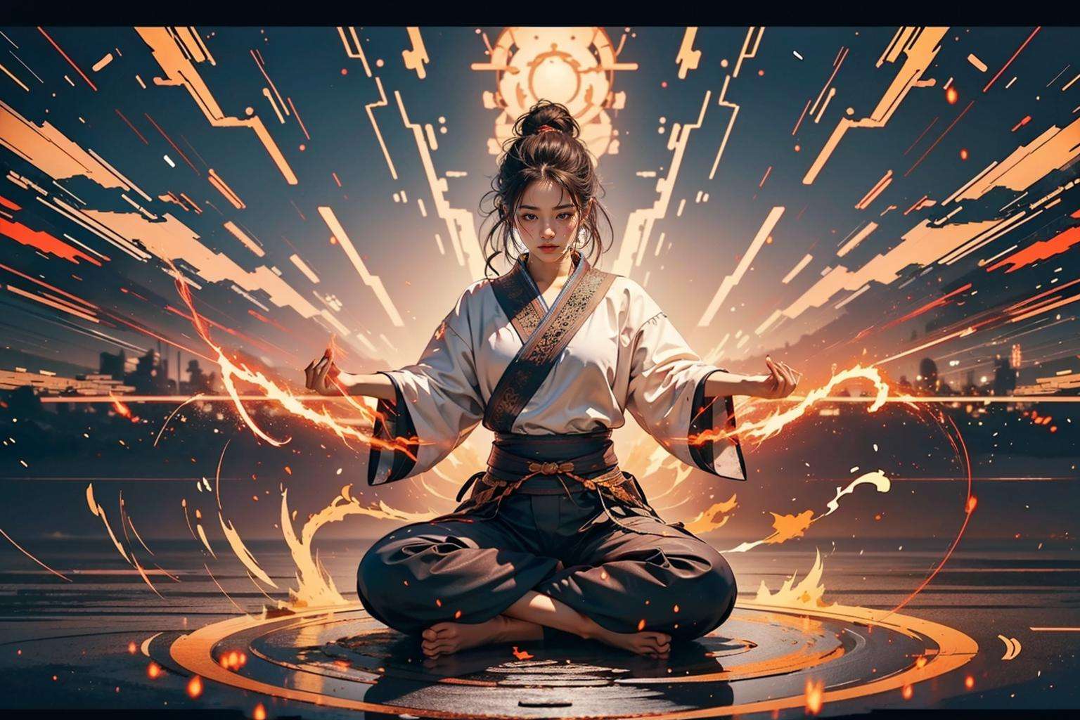 official art, unity 8k wallpaper, ultra detailed, beautiful and aesthetic, masterpiece, best quality,photorealistic,realistic,8k,1girl, solo, HAND,full body, skills_psoe, skills_xuanwozhan,meditation pose,<lora:skills_v1:0.5>, lightning bolt symbol, <lora:现代修﷿传_1.0:0.5> ,taichi (tomo), 