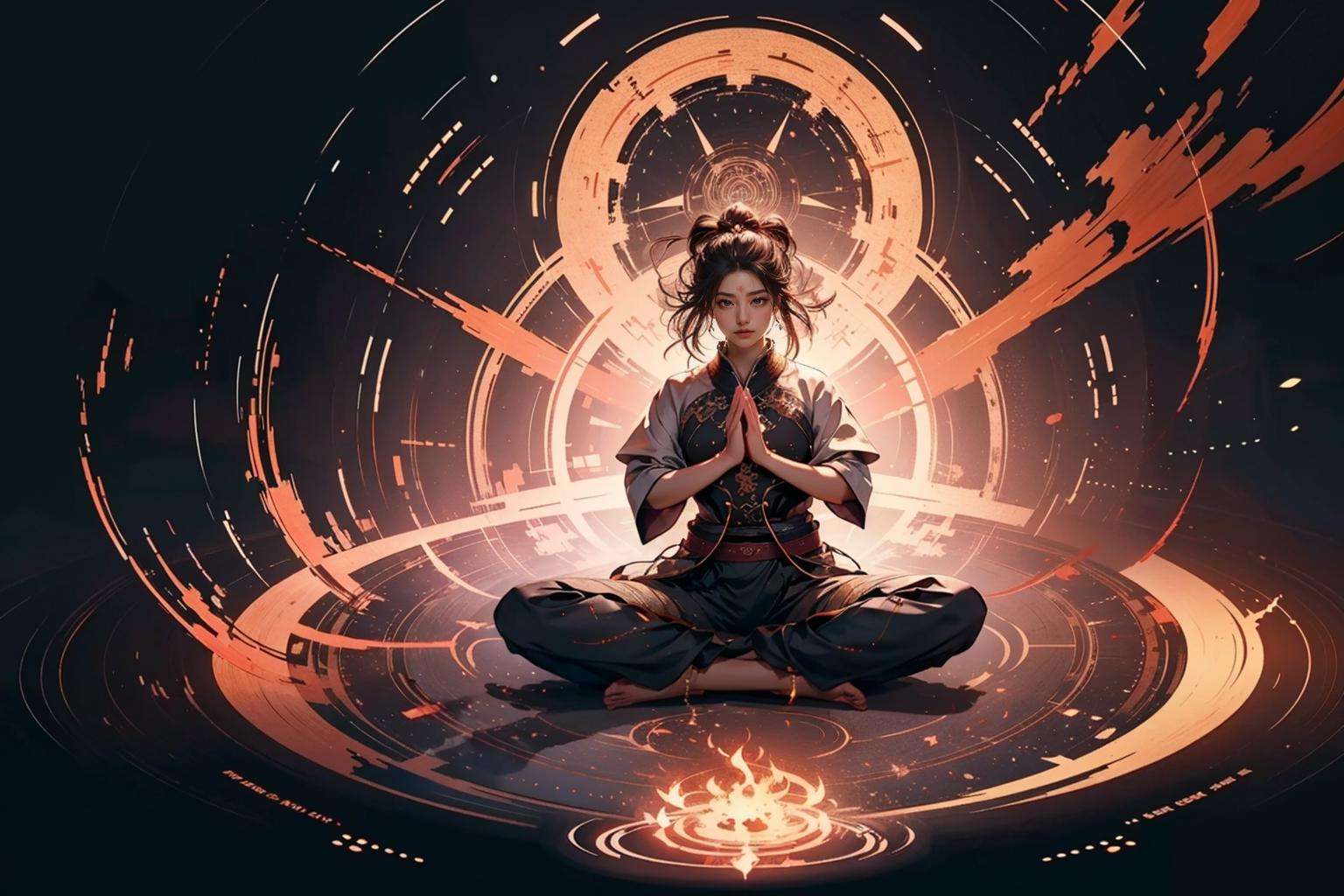 official art, unity 8k wallpaper, ultra detailed, beautiful and aesthetic, masterpiece, best quality,photorealistic,realistic,8k,electricity,(fractal art:1.3) , 1girl,solo,full body,skills_pose,meditation pose,<lora:skills_v1:0.5>,(magic circle:1.2) xiuxian,<lora:现代修﷿传_1.0:0.4> 