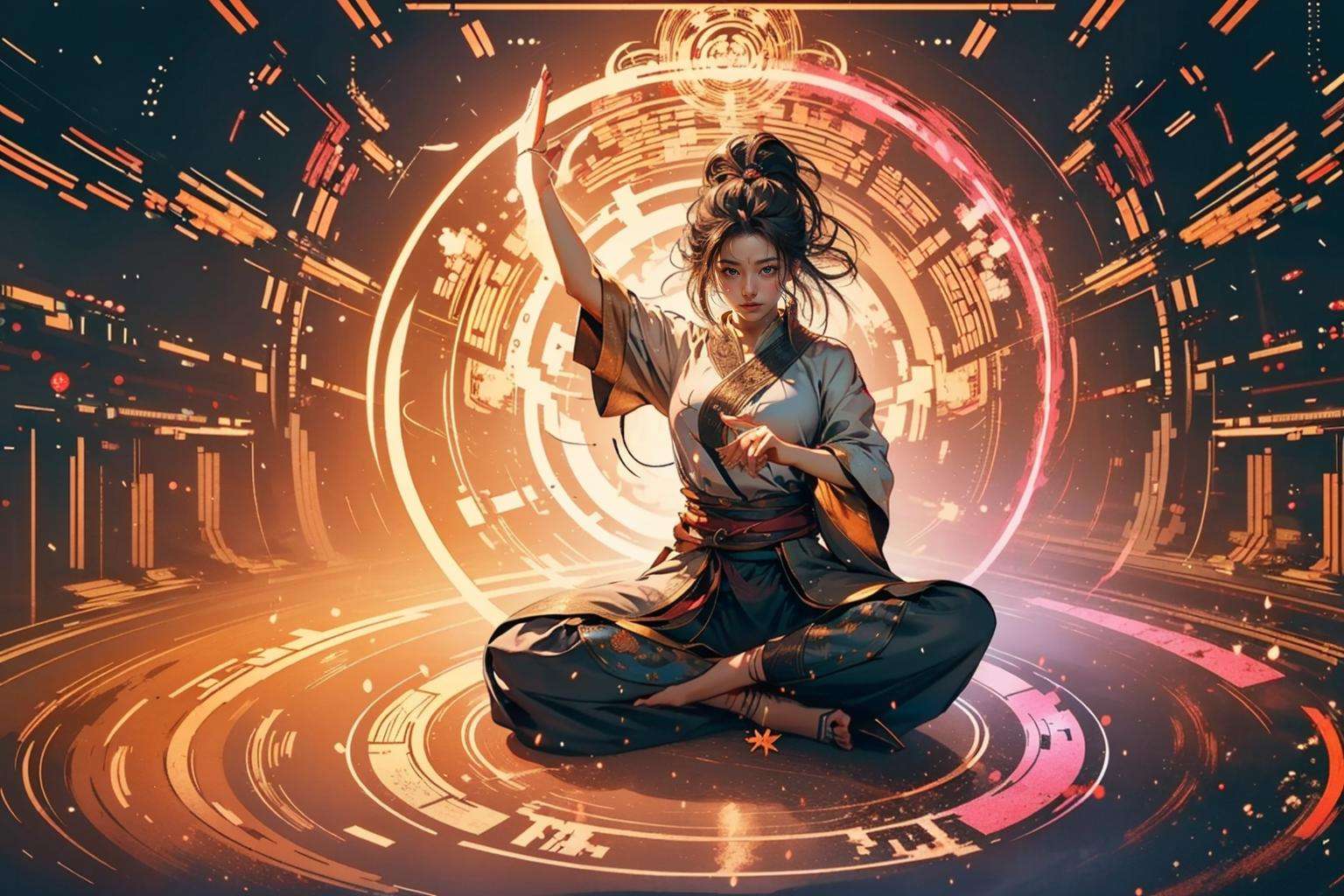 official art, unity 8k wallpaper, ultra detailed, beautiful and aesthetic, masterpiece, best quality,photorealistic,realistic,8k,electricity,(fractal art:1.3) , 1girl,solo,full body,skills_pose,holding knife,meditation pose1,<lora:skills_v1:0.5>,(magic circle:1.2) xiuxian,<lora:现代修﷿传_1.0:0.6> 