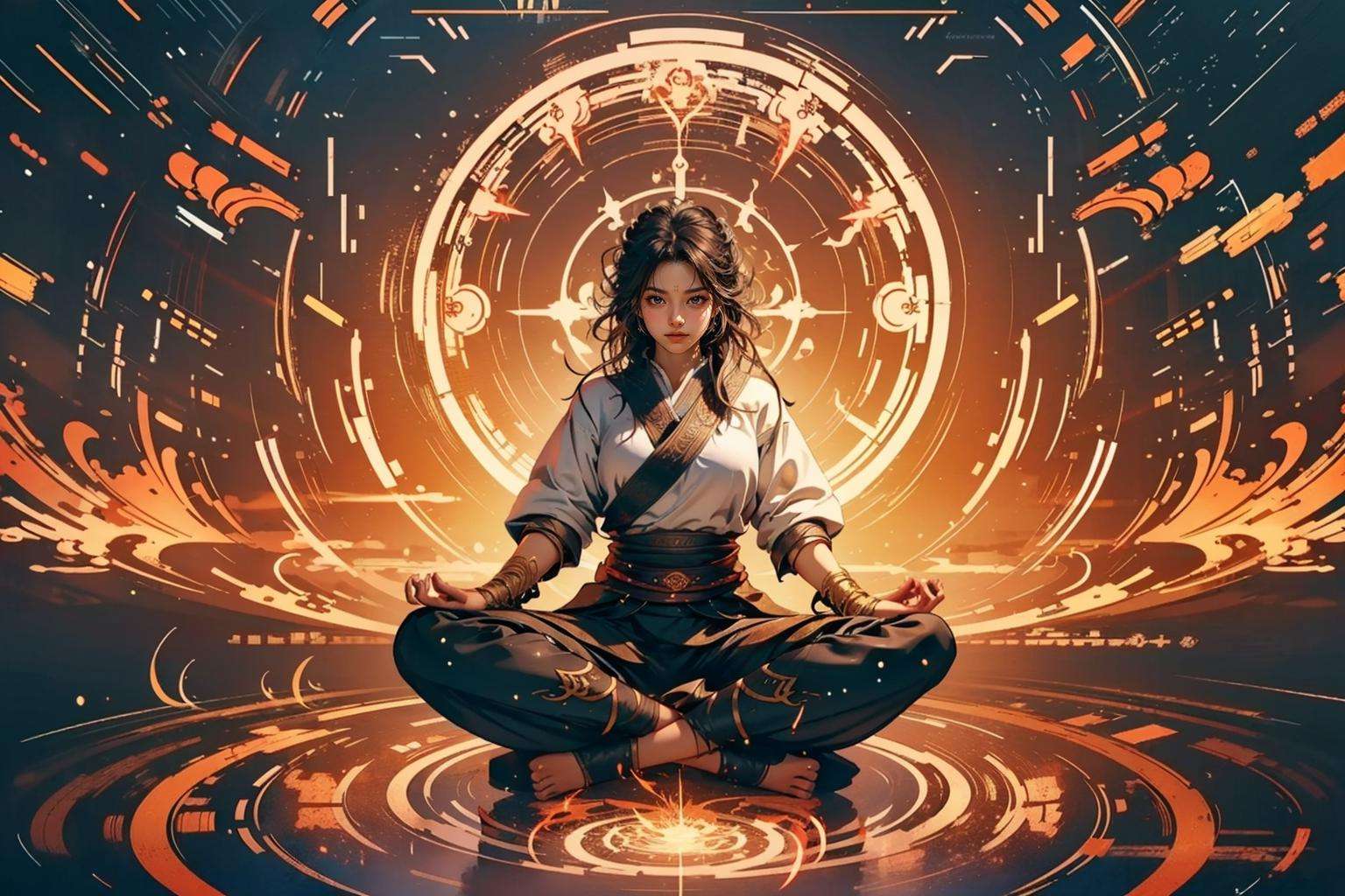 official art, unity 8k wallpaper, ultra detailed, beautiful and aesthetic, masterpiece, best quality,photorealistic,realistic,8k,electricity,(fractal art:1.3) , 1girl,solo,full body,skills_pose,meditation_pose1, <lora:skills_v1:0.5>,(magic circle:1.2) xiuxian,<lora:现代修﷿传_1.0:0.6> ,