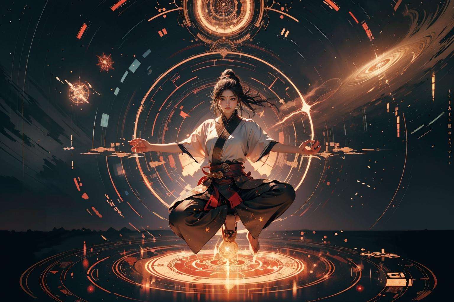 official art, unity 8k wallpaper, ultra detailed, beautiful and aesthetic, masterpiece, best quality,photorealistic,realistic,8k,electricity,(fractal art:1.3) , 1girl,solo,full body,skills_pose,meditation pose1,<lora:skills_v1:0.4>,(magic circle:1.2) xiuxian,<lora:现代修﷿传_1.0:0.4> 