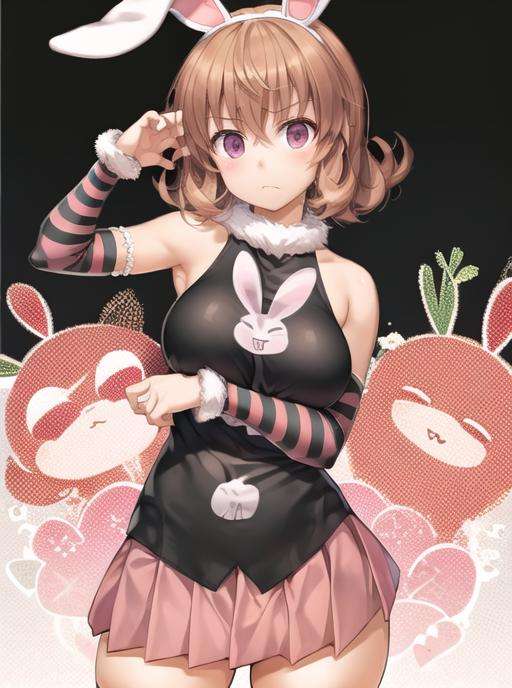 <lora:Pyonhunter:0.7> MenchiHxh, 1girl, solo, breasts, looking at viewer, blush, skirt, large breasts, shirt, thighhighs, bow, animal ears, hair between eyes, bare shoulders, cowboy shot, pleated skirt, detached sleeves, sleeveless, striped, miniskirt, rabbit ears, zettai ryouiki, fur trim, black shirt, sleeveless shirt, skindentation, frown, polka dot, animal print, striped thighhighs, pink skirt, !, arm warmers, polka dot background, carrot, bunny print, striped sleeves