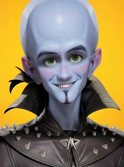 <lora:Megamind:0.7> Megamind, solo, smile, 1boy, male focus, character name, portrait, yellow background, spikes, realistic