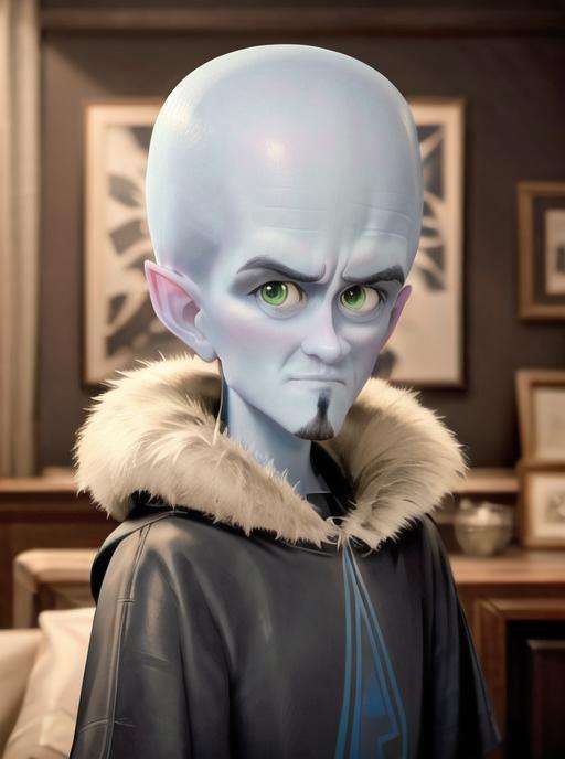 <lora:Megamind:0.7> Megamind, solo, looking at viewer, 1boy, upper body, male focus, pointy ears, indoors, fur trim, facial hair, alien