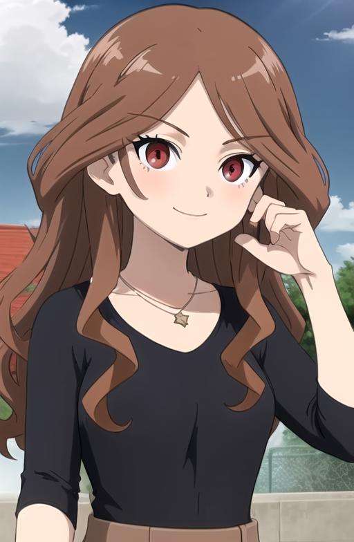 <lora:Nelly:0.7> Nelly, 1girl, solo, looking at viewer, smile, shirt, red eyes, jewelry, upper body, sky, day, cloud, necklace, blue sky, black shirt, wavy hair, parody, anime coloring