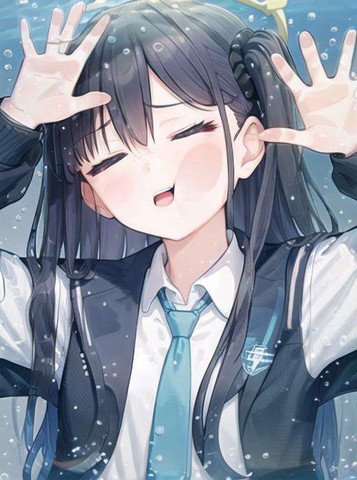 <lyco:cheekonglass-08:0.7> cheekonglass, 1girl, solo, long hair, open mouth, shirt, black hair, long sleeves, hair between eyes, school uniform, blue hair, jacket, closed eyes, hairband, necktie, collared shirt, one side up, halo, black hairband, bubble, blue necktie, dark blue hair