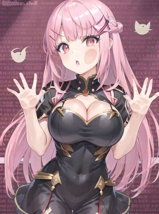 <lyco:cheekonglass-08:0.7> cheekonglass, 1girl, solo, long hair, breasts, open mouth, bangs, red eyes, cleavage, pink hair, virtual youtuber, pink eyes, chibi, twitter username, spikes, fourth wall