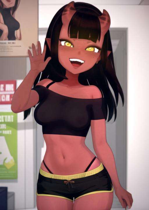 1girl,  <lora:MeruSkudbutt:1> MeruSkudbutt, 1girl, solo, breasts, looking at viewer, smile, open mouth, shirt, medium breasts, short sleeves, :d, cowboy shot, shorts, teeth, midriff, indoors, hand up, bag, crop top, fangs, black shorts, between breasts, waving, red horns, holding strap, poster (object), strap between breasts