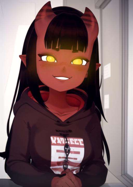 1girl,  <lora:MeruSkudbutt:1> MeruSkudbutt, 1girl, solo, looking at viewer, smile, collarbone, upper body, parted lips, indoors, hood, english text, window, hoodie, hood down, glowing eyes, meme, subtitled, red hoodie