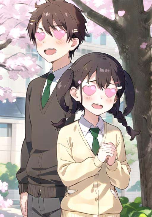 <lyco:loveeyes-08:0.8> loveeyes, 1girl, blush, smile, short hair, open mouth, brown hair, hair ornament, 1boy, twintails, school uniform, braid, outdoors, necktie, hairclip, twin braids, sweater, tree, parody, cardigan, cherry blossoms, green necktie