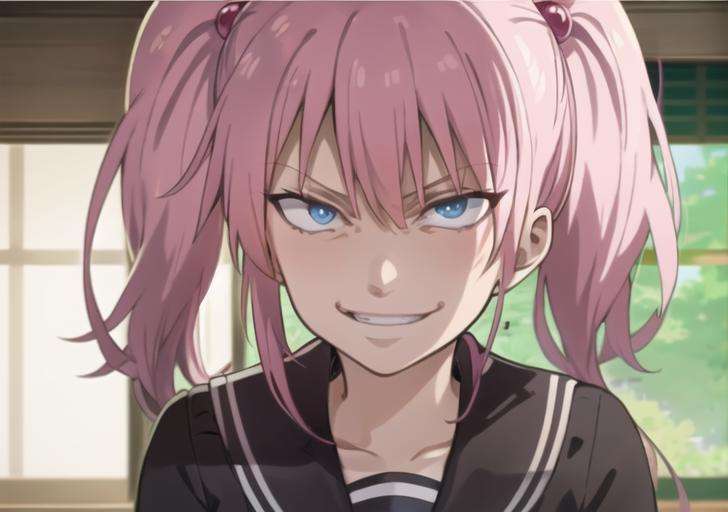 <lyco:just_as_planned-08:0.7> just_as_planned, 1girl, solo, looking at viewer, bangs, blue eyes, hair ornament, twintails, school uniform, pink hair, teeth, serafuku, sailor collar, english text, hair bobbles, shaded face, smirk, evil smile, evil grin, nanamori school uniform, subtitled, anime coloring