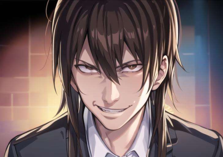 <lyco:just_as_planned-08:0.7> just_as_planned, solo, looking at viewer, brown hair, 1boy, hair between eyes, brown eyes, school uniform, male focus, teeth, blue background, parody, smirk, evil smile, evil grin