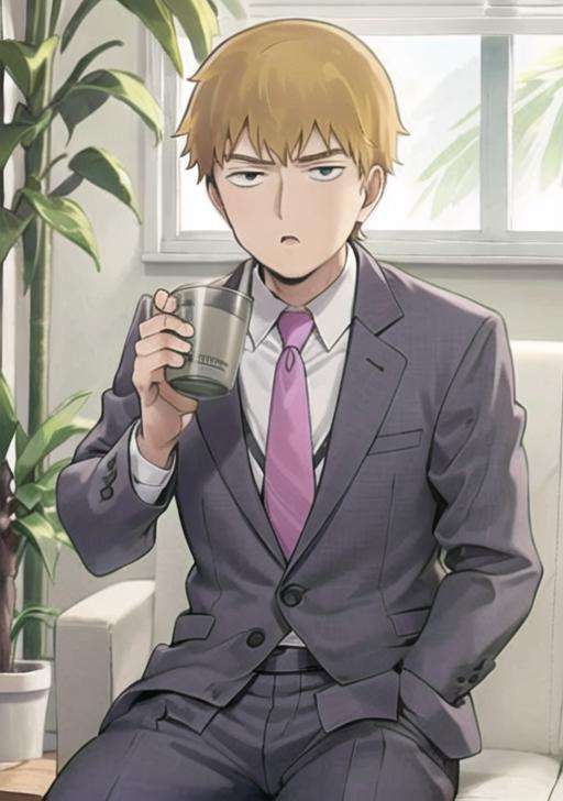 <lora:Reigen:0.7> Reigenarataka, solo, looking at viewer, shirt, 1boy, holding, sitting, male focus, necktie, indoors, cup, window, formal, suit, plant, couch, holding cup, mug, drinking, potted plant, pink necktie, purple necktie, office