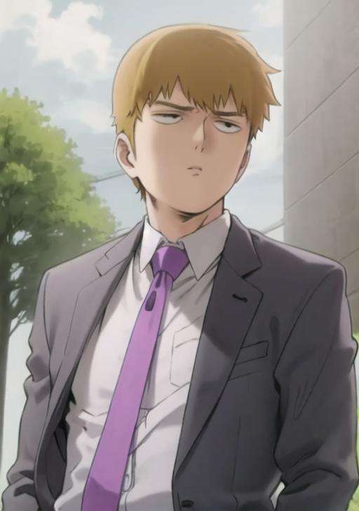 <lora:Reigen:0.7> Reigenarataka, solo, 1boy, upper body, male focus, necktie, formal, suit, purple necktie