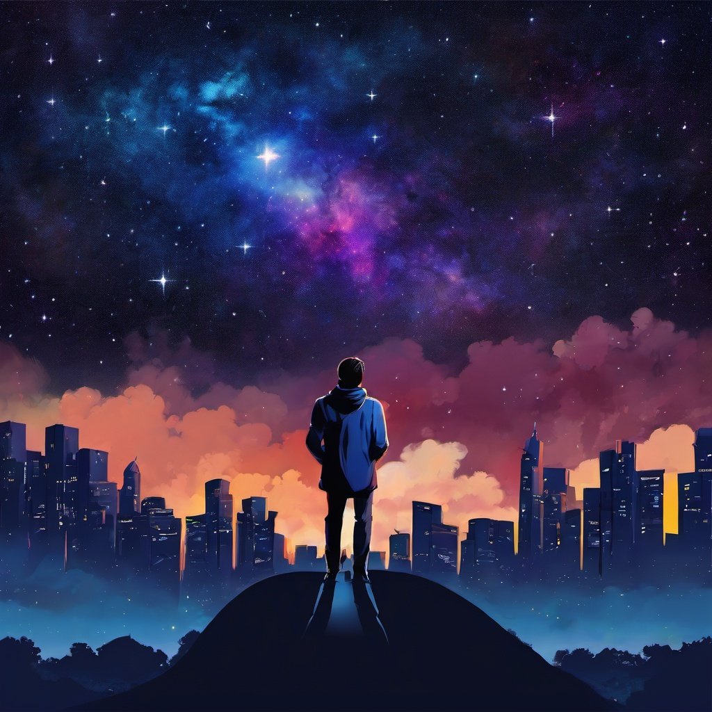 A man, walking alone through the city at night, lifts his head and gazes up at the starry sky,colorgalaxy,sky,cloudy, wind