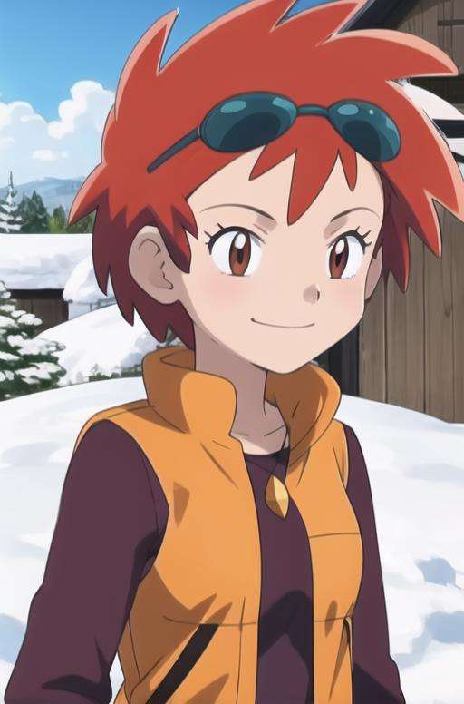 <lora:zoey:0.7> 1girl, solo, zoey_(pokemon), solo, smile, short hair, shirt, brown eyes, closed mouth, upper body, outdoors, sky, day, cloud, vest, blue sky, goggles, eyewear on head, snow, goggles on head, purple shirt, official style, orange vest, red hair, 