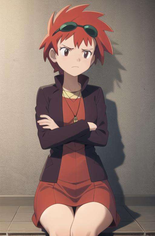 <lora:zoey:0.7> 1girl, solo, zoey_(pokemon), sitting, sad, looking_down, crossed_legs, crossed_arms, (extremely detailed CG unity 8k wallpaper), (masterpiece), (best quality), (ultra-detailed), (best illustration), (best shadow), (absurdres) red hair, goggles on head, goggles, 