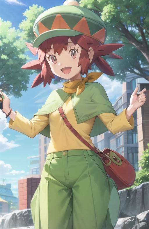 <lora:Mairin:0.7> mairin_(pokemon) looking at viewer, smile, open mouth, shirt, long sleeves, hat, :d, outdoors, day, tongue, pants, cloud, blue sky, yellow shirt, green headwear, green pants, short hair, capelet