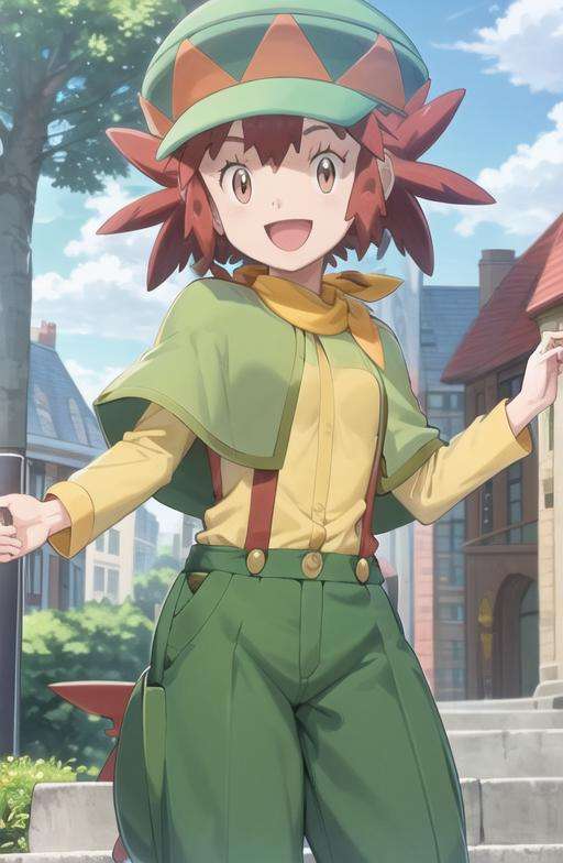 <lora:Mairin:0.7> mairin_(pokemon) looking at viewer, smile, open mouth, shirt, long sleeves, hat, :d, outdoors, day, tongue, pants, cloud, blue sky, yellow shirt, green headwear, green pants, short hair, capelet, suspenders