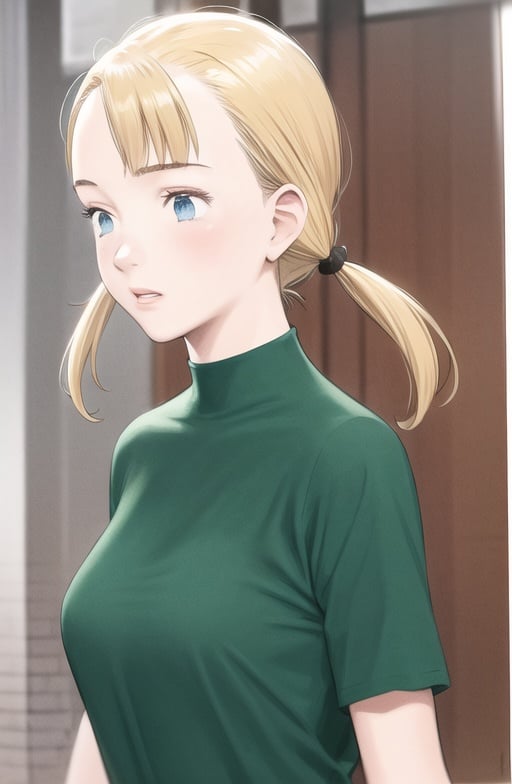 <lyco:naoki-08:1> 1girl blue eyes, blonde hair, twintails, cute, green eyes, simple background, upper body, green dress, 