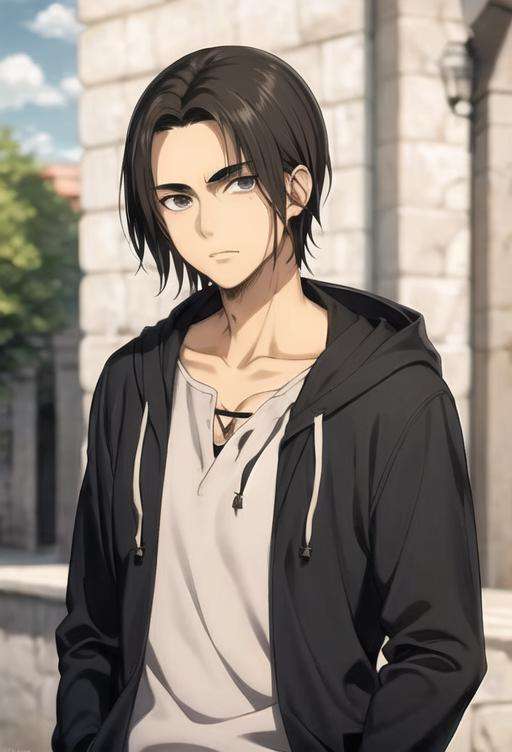 <lora:ErenAd:0.7> erenad ((1boy)), erenad, solo, looking at viewer, shirt, long sleeves, closed mouth, collarbone, jacket, white shirt, upper body, male focus, outdoors, open clothes, sky, day, cloud, hood, medium hair, blurry, black eyes, black jacket, hoodie, blurry background, expressionless, hood down, cloudy sky, grey shirt
