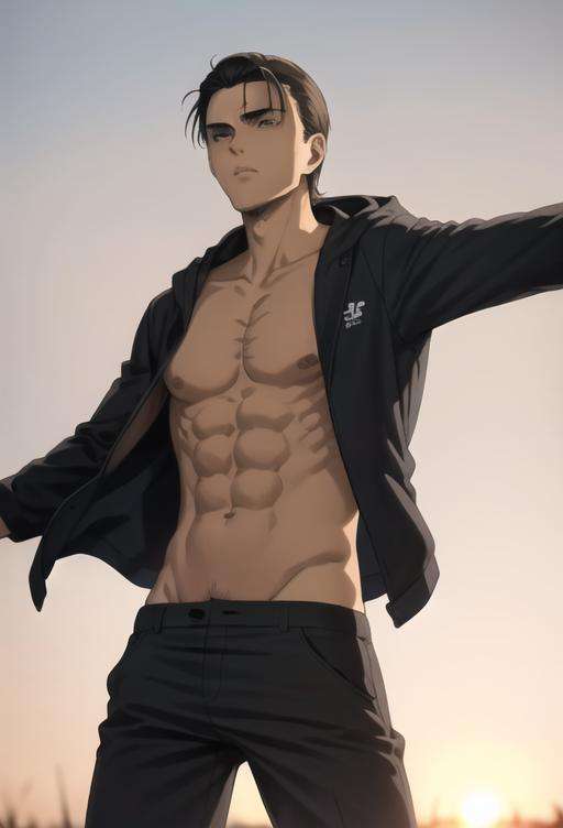 <lora:ErenAd:0.7> erenad ((1boy)), erenad, solo, erenad, solo, 1boy, jacket, male focus, open clothes, hood, abs, outstretched arm, topless male, sunset