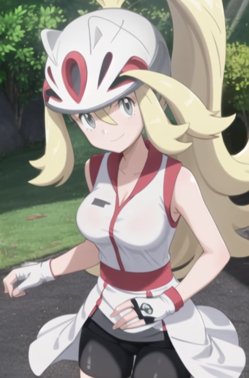 1girl,  <lora:korrina2-08:0.7> korrina_(pokemon) smile, solo, gloves, dress, green eyes, standing, shorts, sleeveless, white gloves, fingerless gloves, white dress, sleeveless dress, white footwear, helmet, bike shorts, skates, looking at viewer, upper body, large breasts, 