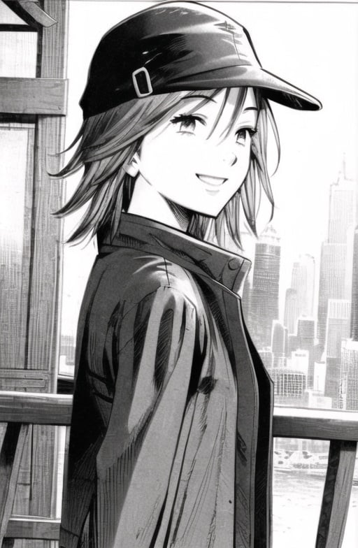 1girl <lora:kanna-08:0.7> ((endou_kanna)), solo, 1girl ((from side)),  cap, jacket, female_focus (monochrome), manga, smile,