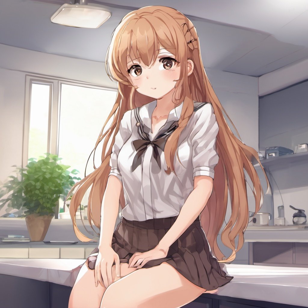 1girl, best quality,Anime style,solo,cute,long hair, indoors,  blush, no hands,looking at viewer, skirt