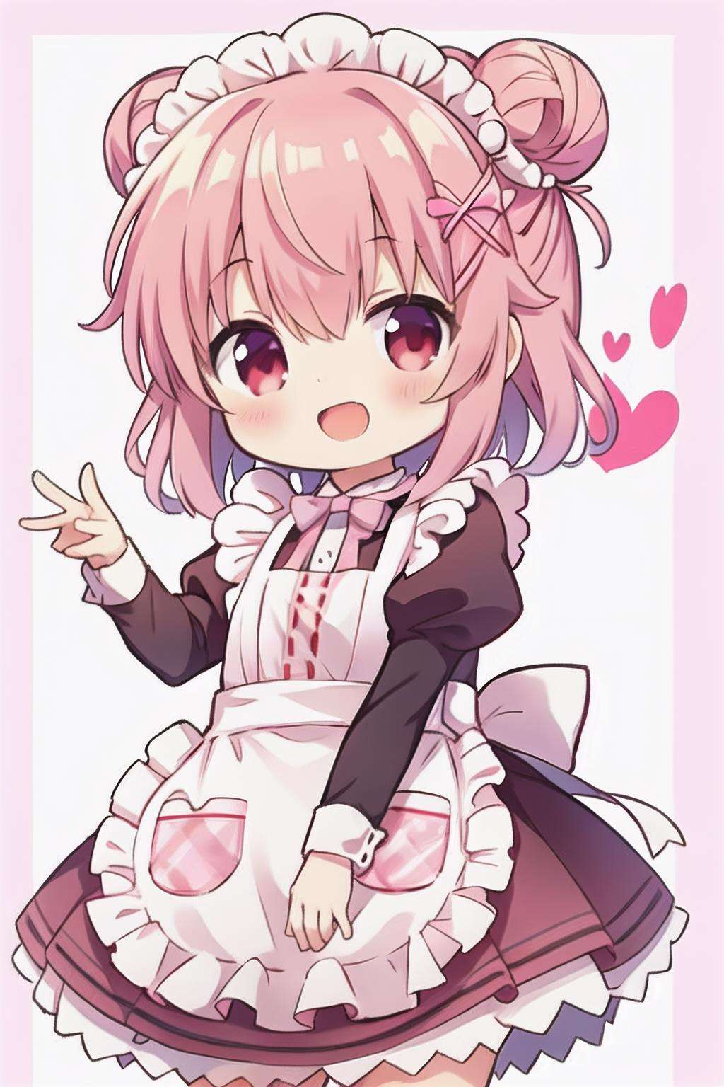 (loli:1.2),solo,open mouth,happy,pink hair,red eyes,hair bun,maid,apron,maid costume,, <lora:EMS-1035-EMS:0.8>