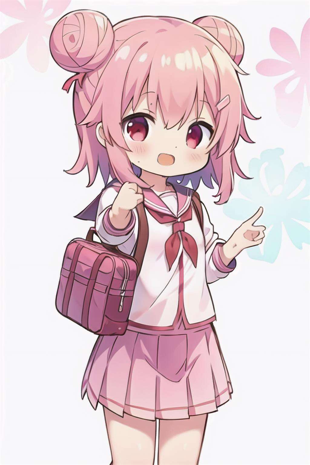 (loli:1.2),solo,open mouth,happy,pink hair,red eyes,hair bun,serafuku,pleated skirt,school bag,, <lora:EMS-1035-EMS:0.8>