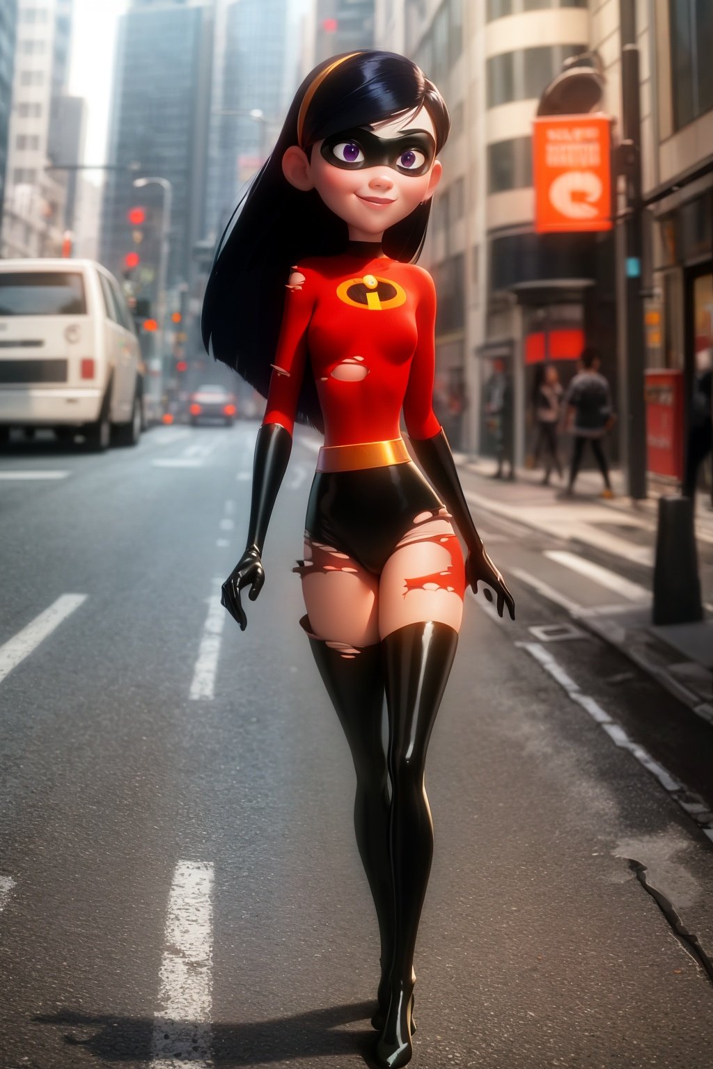 masterpiece, best quality, 1girl, violetparr, mask, long hair, black hair, purple eyes, bodysuit, gloves, boot, thighhighs, thigh boots, latex, (torn clothes:1.3), smile, solo, outdoors, new york street background <lora:VioletParr:1>