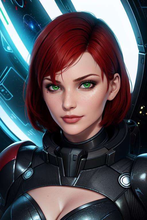 Jane, solo,short hair,red hair,green eyes, smirk, Shepard, black power armor,   cleavage cutout, standing, upper body, N7, space pod, neon lights, (insanely detailed, beautiful detailed face, masterpiece, best quality)  <lora:femshep:0.7>